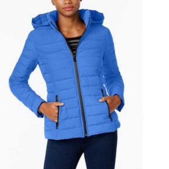 Womens Nautica Blue Stretch Packable Puffer Coat Detachable Hood Water - Picture 1 of 16